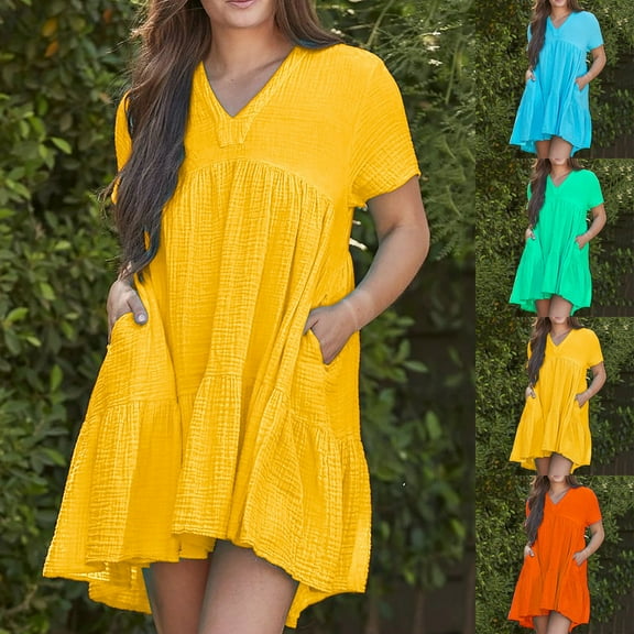 ZZwxWA Womens Summer Empire Waist Dress Smocked Flutter Short Sleeve V Neck Midi Dresses 2025 New Solid Color Plus Size Pleated Sresses