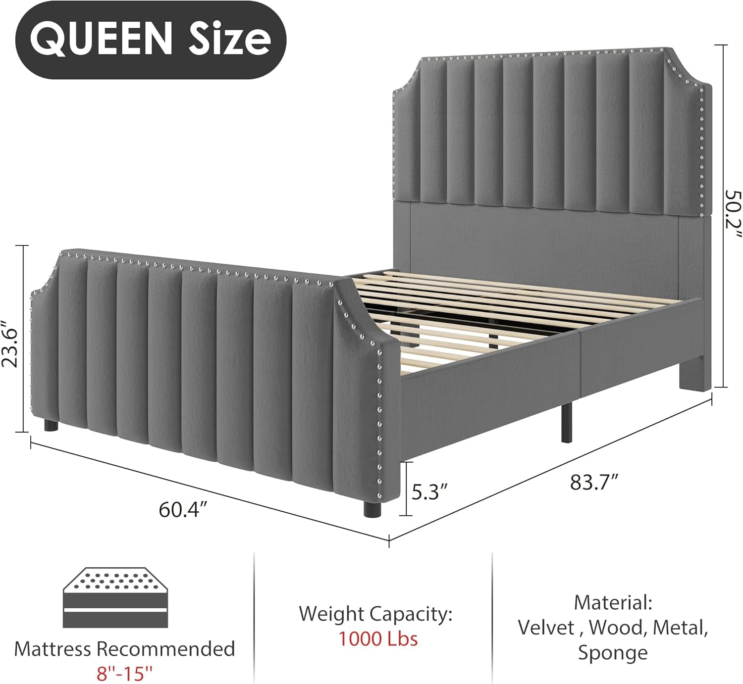 Garvee Queen Size Platform Bed Frame, Velvet Upholstered with 50.2" Channel Tufted Headboard, Nailhead Trim, Sturdy Wood Slats, No Box Spring Needed, Grey