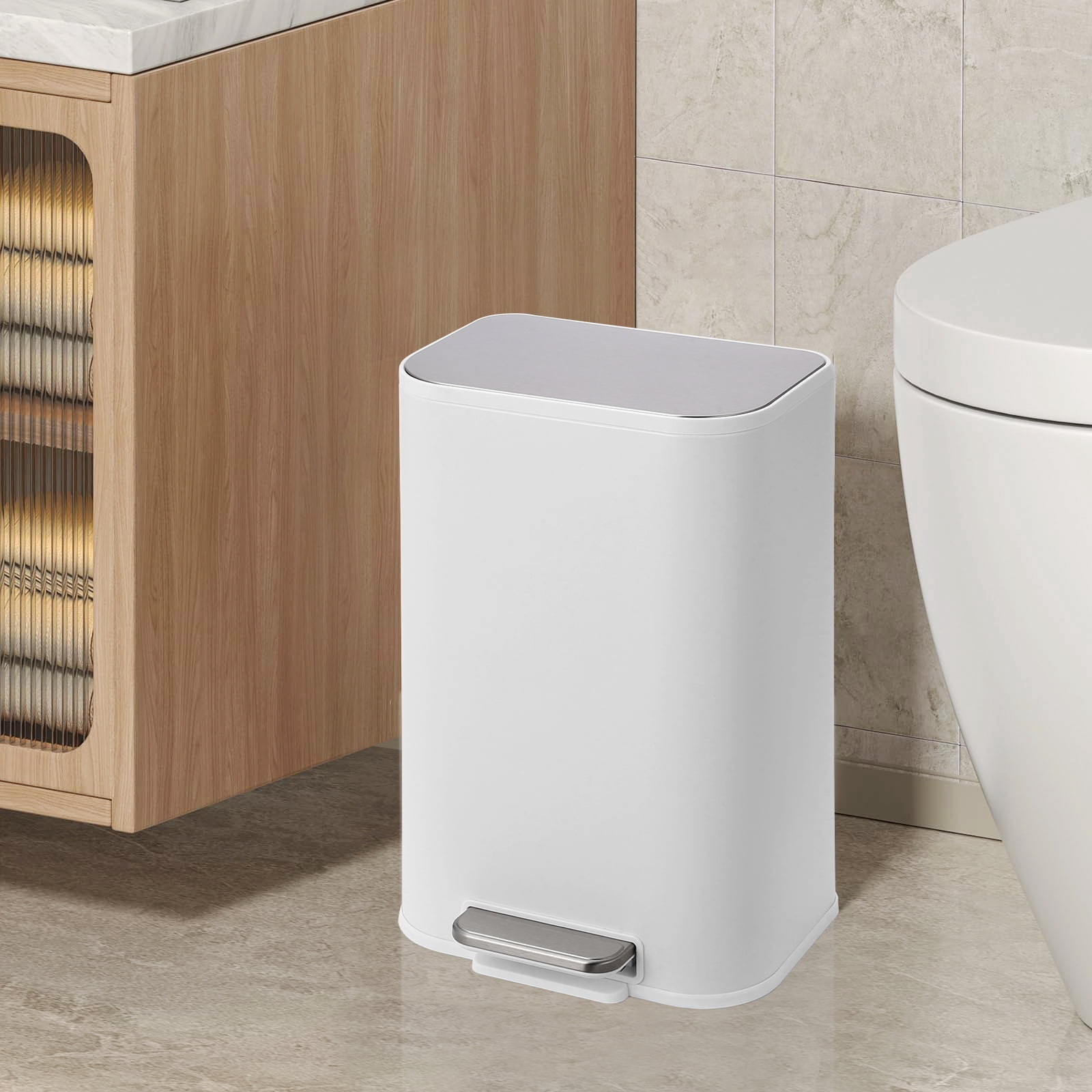 Kitchen Trash Can, Stainless Steel Garbage Can With Soft-Close Lid, Foot Pedal and Removable Inner Basket, Rectangular Small Step Waste Bin for Office Bedroom Bathroom Living Room