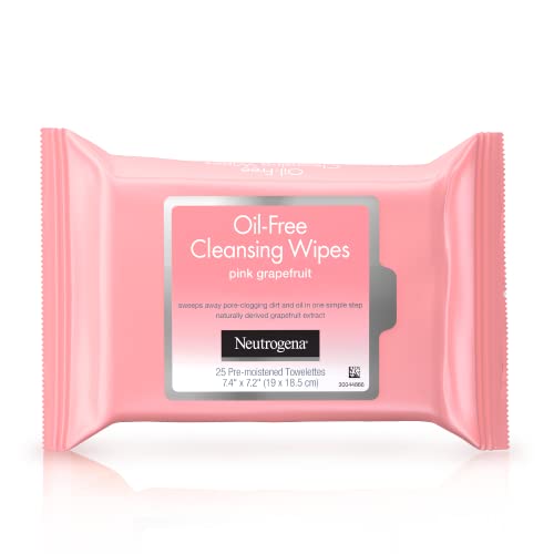 Neutrogena Oil Free Facial Cleansing Makeup Wipes, Disposable Acne Face Towelettes to Remove Dirt, Oil and Makeup for Acne Prone Skin, Pink Grapefruit, 25 Count