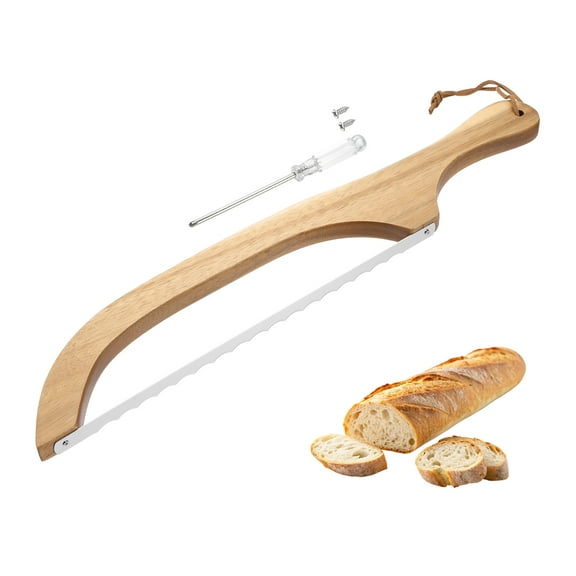 Uxcell Bread Bow Knife, 16" Sourdough Knife with Cover Wooden Bread Slicer Stainless Steel Single-Sided Serrated Cutter for Homemade Bagels Baking, Deep Teak