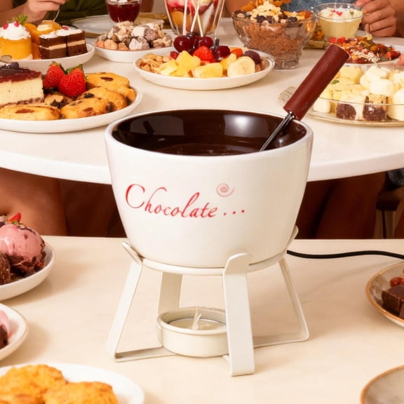 Fondue Cup | With Fork Ceramic Kitchen Gadgets Melting Set For Christmas Birthday Camping Picnic Home Butter Cheese Caramel Dessert(Beige)
