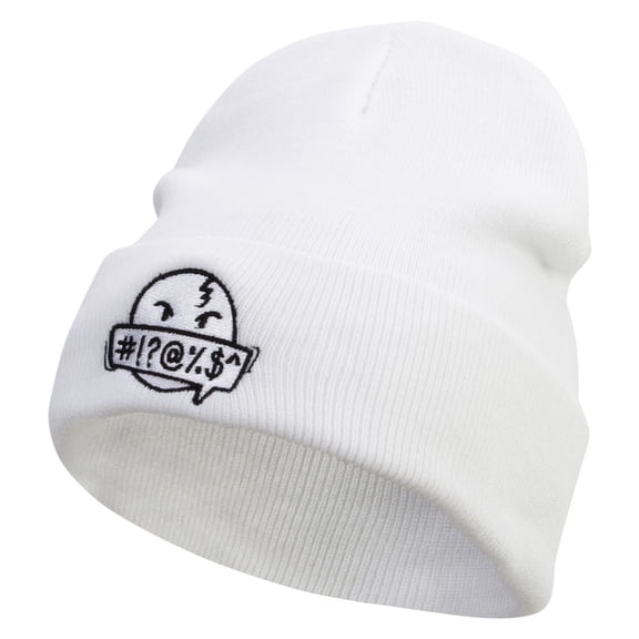 Comic Swear Emoji Embroidered 12 Inch Long Knitted Beanie - White OSFM