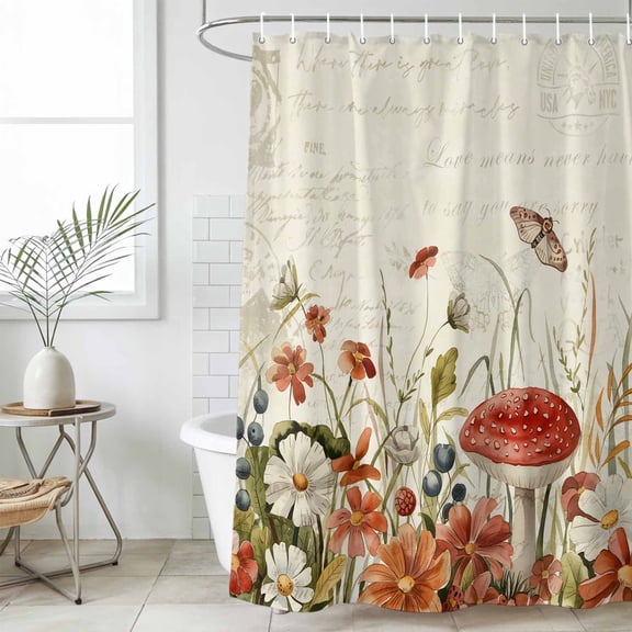 Vintage Spring Floral Waterproof Fabric Shower Curtain, Summer Botanical Red Waterproof Fabric Shower Curtain for Bathroom Curtains Bathtubs Hotel Washable Shower Curtains with 12 Hooks Small 36x72in