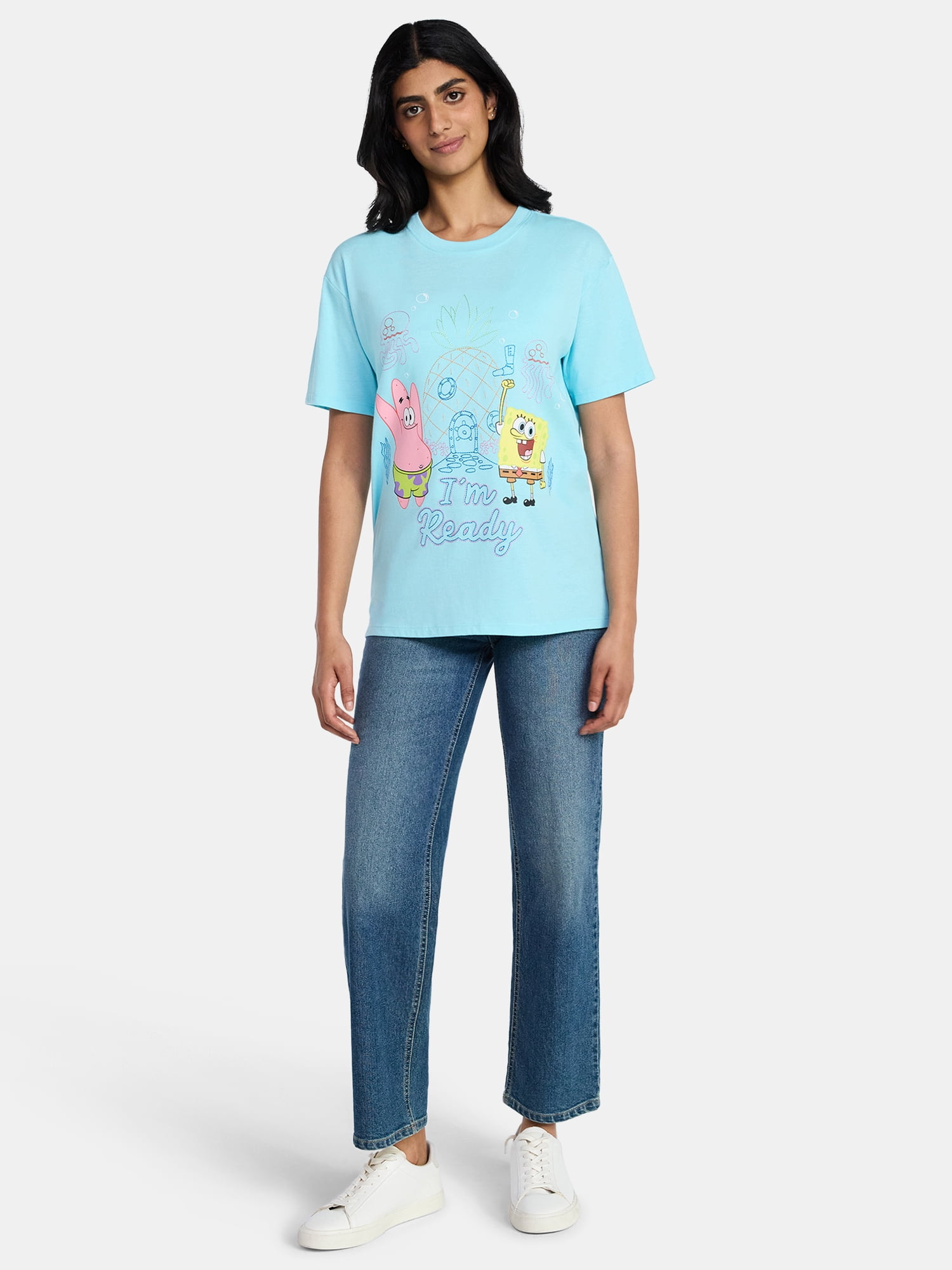 SpongeBob SquarePants Women's Embroidered Graphic Tee with Short Sleeves, Sizes XXS-XXL