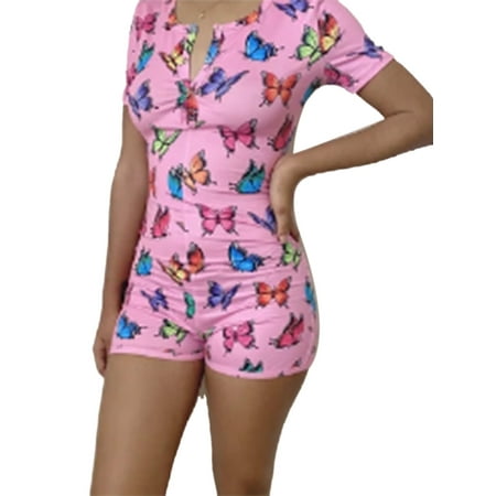 Women Bodysuit Long Sleeve Deep V Neck Bodycon Stretch Leotard Button Short Romper Pajama Sleepwear Jumpsuit Leotard Pink/Butterfly L