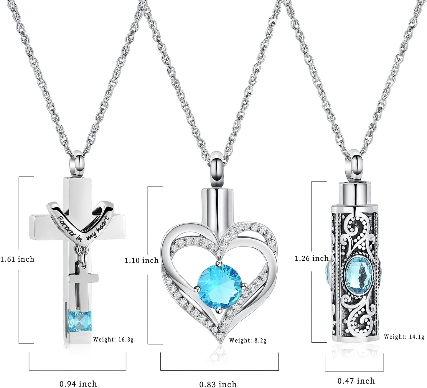 3 Pack Urn Necklace for Ashes for Women Gilrs Heart Cross Cylinder Cremation Jewelry for Ashes Memorial Keepsake Birthstone Pendant