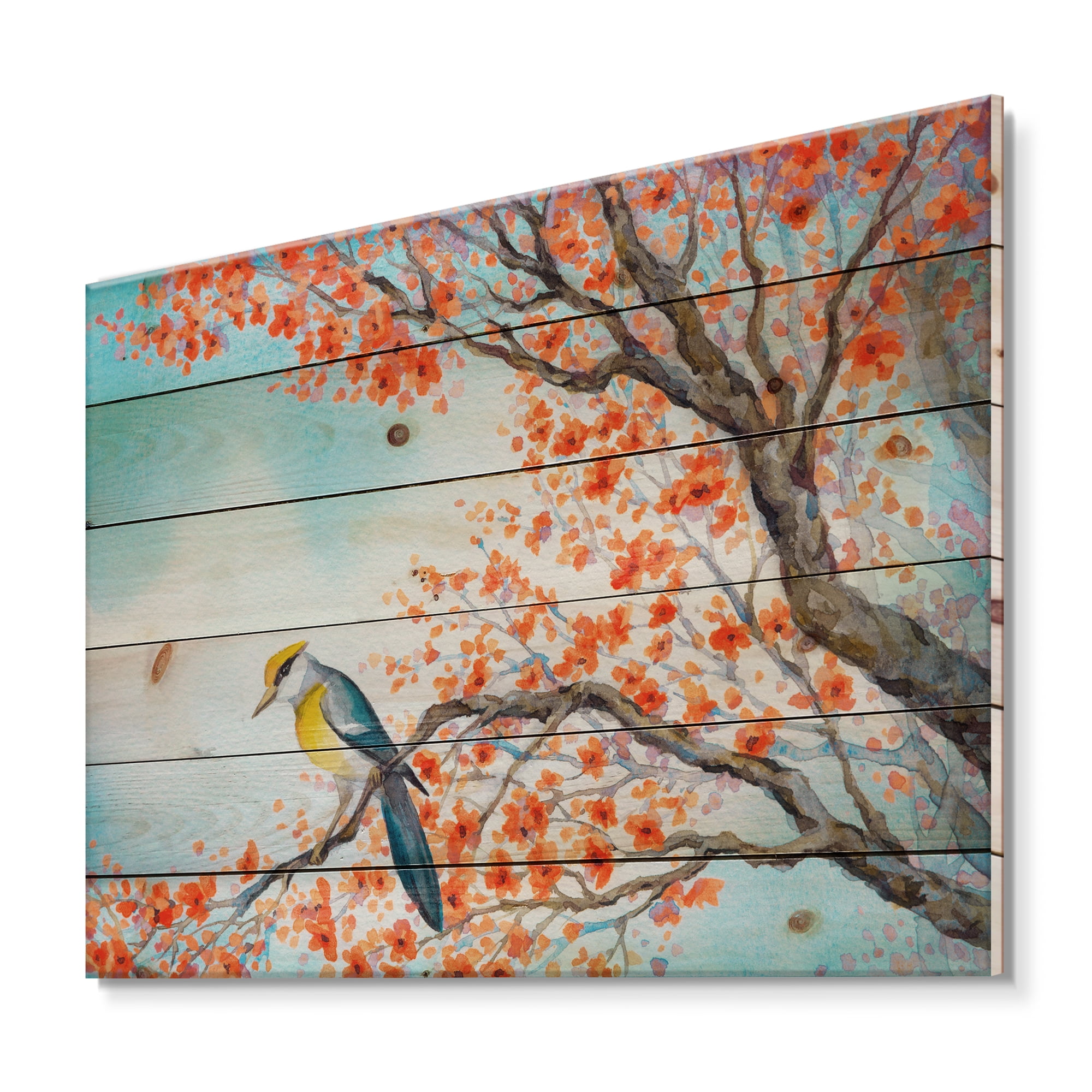 Designart 'Beautiful Orange Bird Sitting On Flowering Branch' Traditional Print on Natural Pine Wood