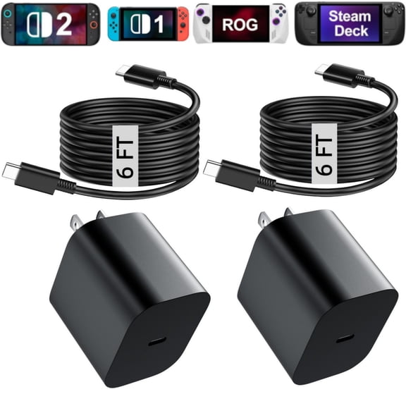 2-Pack Switch 2 Charger 60w AC Power Adapter for Nintendo Switch2/Switch/OLED/lite with 6FT/1.8M Long Cable, Support 4K TV Dock, PD 3.0 Fast Charging