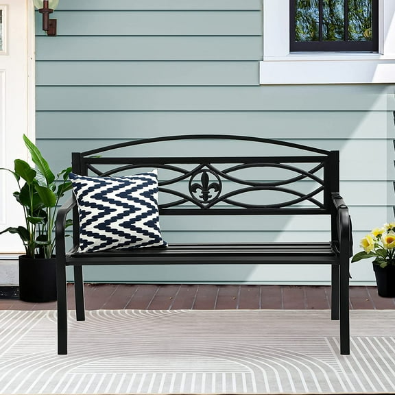 Dextrus Outdoor Bench 50" Metal Bench with Cloth Storage Bag Spear Pattern Patio Bench with Backrest and Armrest for Porch Lawn Balcony Backyard and Indoor Black