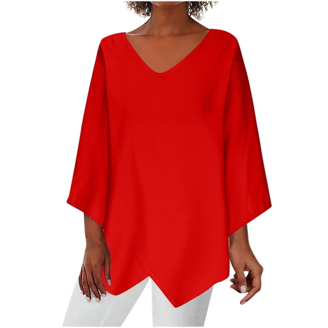 IROINNID en Solde Chemises à Manches Longues Col en V pour Femmes Confortables Col en V Manches Longues Couleur Unie Blouse Croisée, Rouge