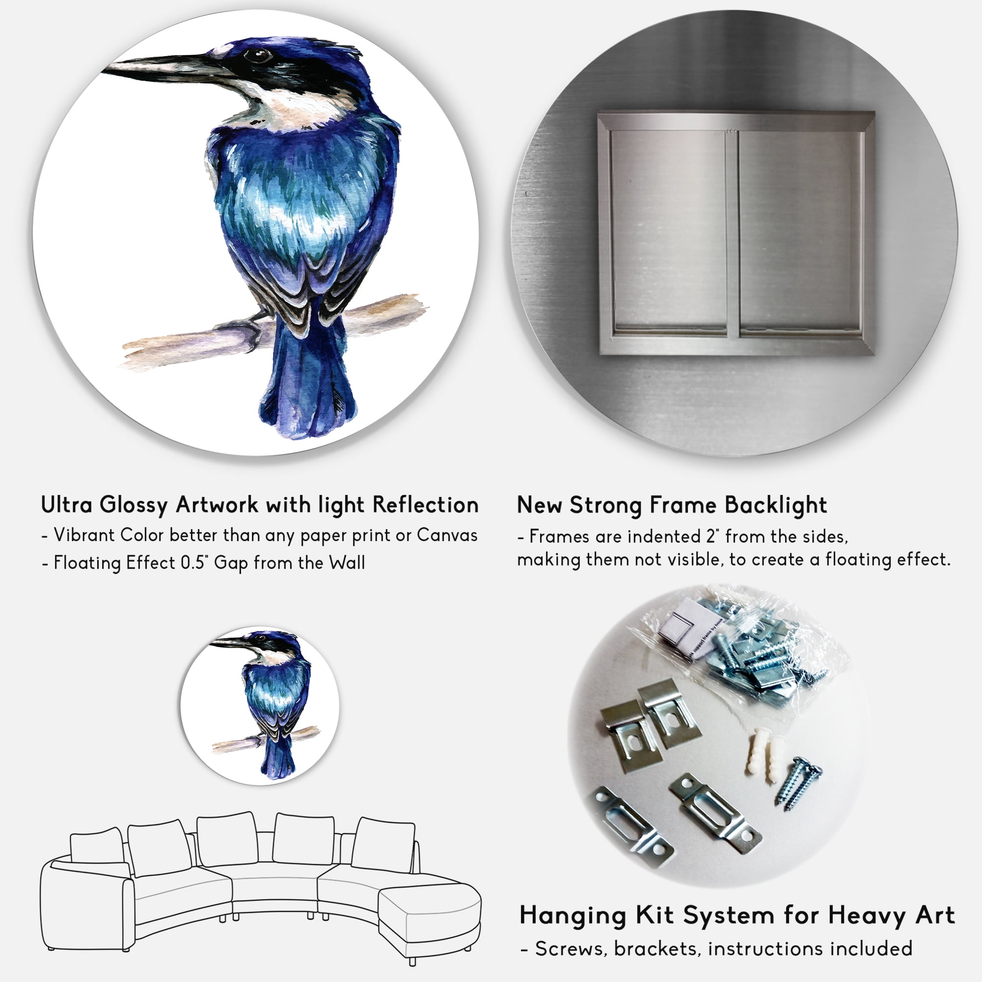 Designart 'Style Blue Kingfisher Bird' Traditional Circle Metal Wall Art 36x36 - Disc of 36