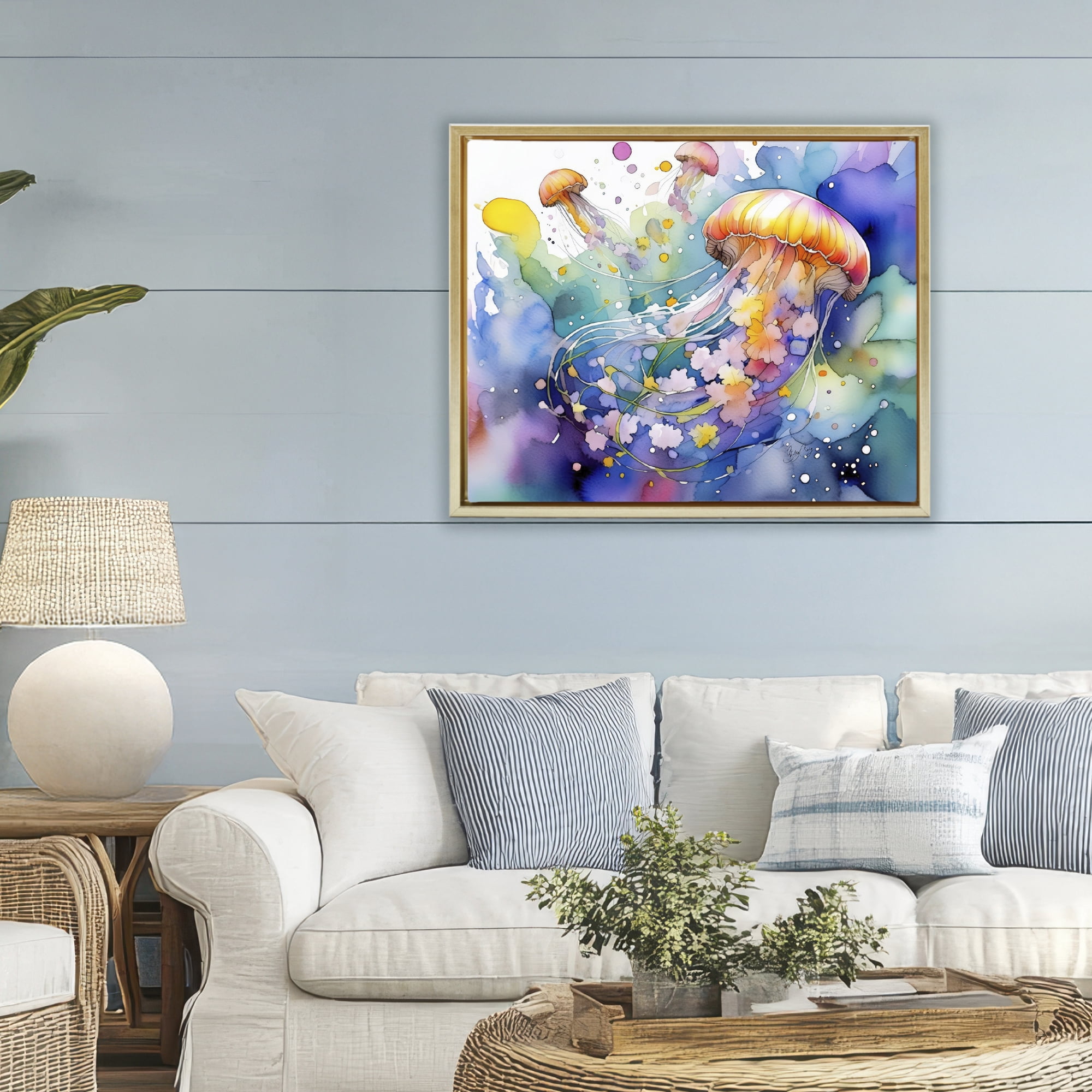 Stupell Industries Neon Jellyfish Underwater Gold Framed Floater Canvas Wall Art, design by Shelly Craig
