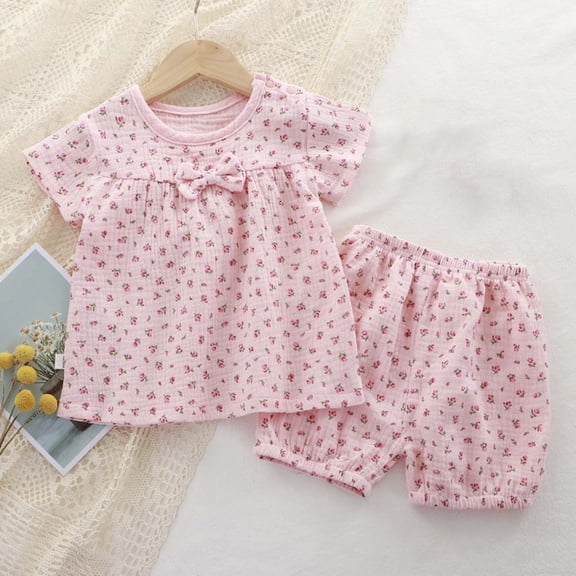 DAETIROS Girls 2-Piece Outfit Set 100% Soft Cotton Floral Top & Shorts with Bow and Ruffle Detail Pink Kids for Girls 6-12M to 5-6Y,Size 2-3 T