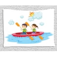 thumbnail image 1 of Kids Sports Tapestry, Little Friends Siblings Riding a Kayak Together in Sunny Day Summer Sea Cartoon, Wall Hanging for Bedroom Living Room Dorm Decor, 80W X 60L Inches, Multicolor, by Ambesonne, 1 of 2