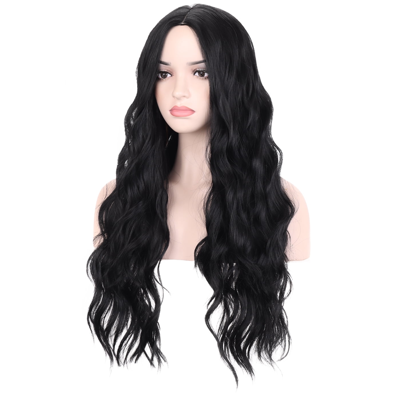 RightOn Black Wigs Long Wavy Wig for Women Curly Heat Resistant Hair Wigs 28" Cosplay Party with Wig Cap