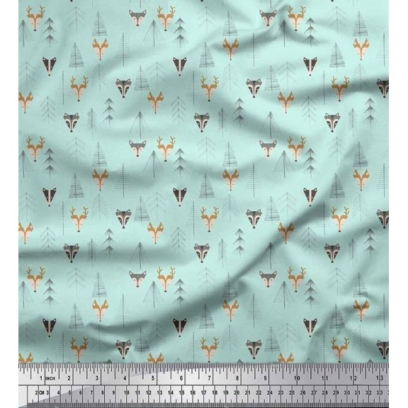 Soimoi Cotton Duck Fabric Artistic Tree,Reindeer & Fox Face Kids Printed Craft Fabric by The Yard 42 Inch Wide