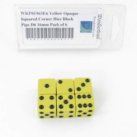 Yellow Opaque Squared Corner Dice Black Pips D6 16mm (5/8in) Pack of 6 Wondertrail
