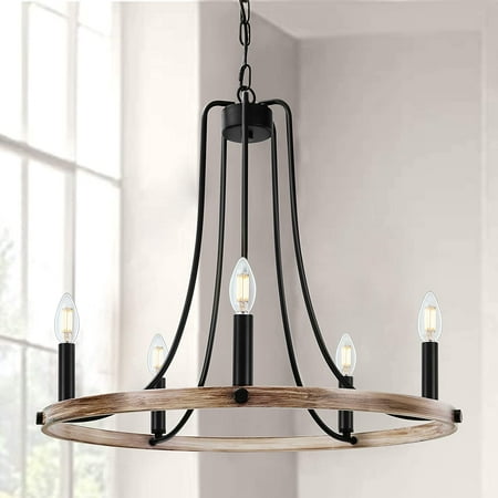 

Wellmet 23.6 Rustic Foyer Chandeliers 5 Lights Modern Farmhouse Candle Wagon Wheel Chandelier Round Hanging Ceiling Pendant Lighting Fixture for Entryway Kitchen Island Dining Living Room
