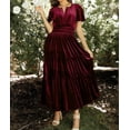 thumbnail image 2 of Coloody Women's Fall Winter Vintage Velvet Dress Short Sleeve V Neck Elastic Waist Tiered Ruffle A-Line Flowy Maxi Dress 2023, 2 of 7