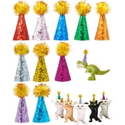10 Pack Mini Party Hats for Stuffed Animals Figures Toys Dinosaur Tiny Hats for Crafts Colorful Doll Party Decor Adjustable Cone Hat with Tinsel Pom Pom Kids Birthday Cake Toppers Accessories