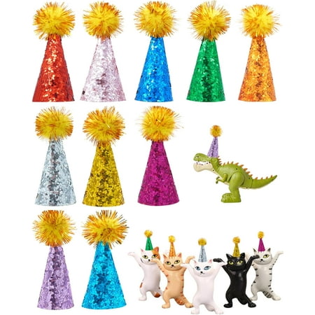 10 Pack Mini Party Hats for Stuffed Animals Figures Toys Dinosaur Tiny Hats for Crafts Colorful Doll Party Decor Adjustable Cone Hat with Tinsel Pom Pom Kids Birthday Cake Toppers Accessories