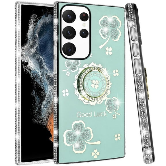 For Samsung Galaxy S22 Ultra Diamonds Bling All Around Edges Sparkly Glitter Hybrid Ring Stand Holder Fashion Good Luck Cover ,Xpm Phone Case [ Teal ]
