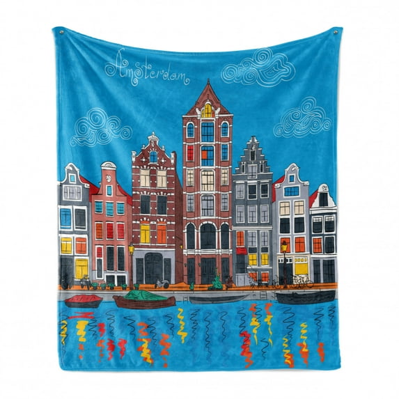 Amsterdam Soft Flannel Fleece Blanket, Colorful Hand-drawn Art of Famous Canal with Boats and Old Fashioned Apartments, Cozy Plush for Indoor and Outdoor Use, 60" x 80", Multicolor, by Ambesonne