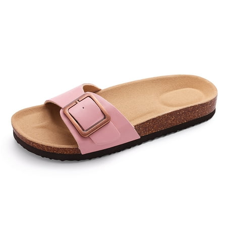 

HYwys Women s Flat Sandals Cork Footbed Slippers Adjustable Buckle Slip On Fashion Summer Sandals Comfort Non Slip House Slide