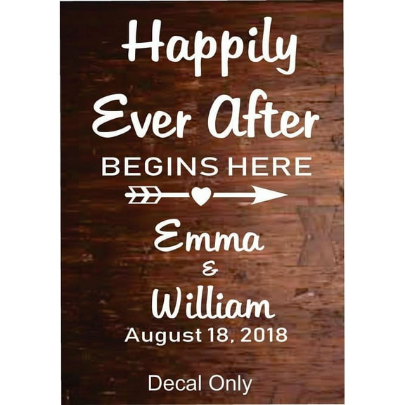 Personalized Name Vinyl Decal Custom Initial Wall Personalization Happily Ever After Begins Here Wedding Quote Marriage Married Bridal Shower 10X20”