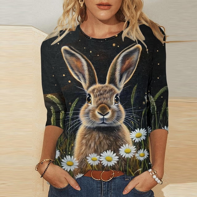 TaTaai Women Fashion Easter Theme Loose Tops Round Neck Three-quarter Sleeve Casual Soft Comfortable Lightweight Daily Holiday Outfits Shirts Gift