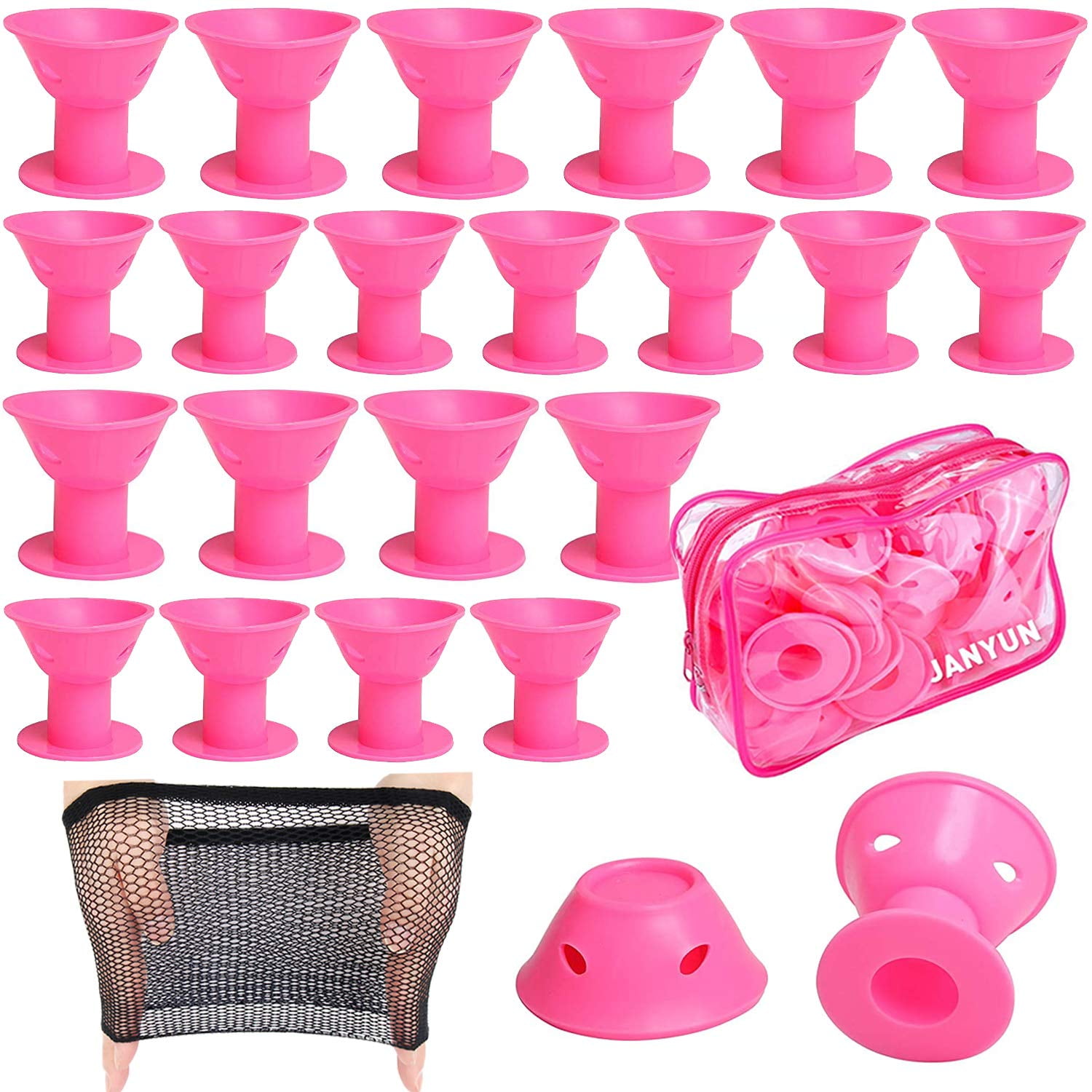 JANYUN 40 Pcs Silicone Pink Magic Hair Rollers Large Curlers Small Over Night Curlers