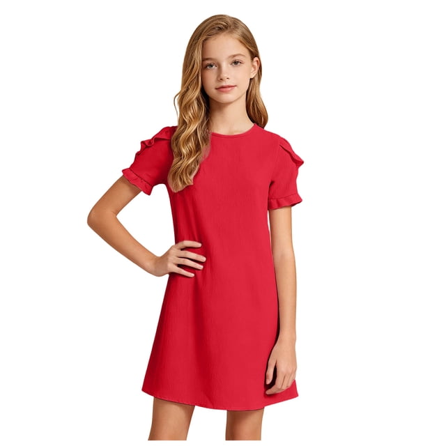 vigerkar Robes d'Été pour Filles T-Shirt Décontracté Col Ras du Cou Manches Pétales Robe de Vacances (Rouge, 7-8 Ans)