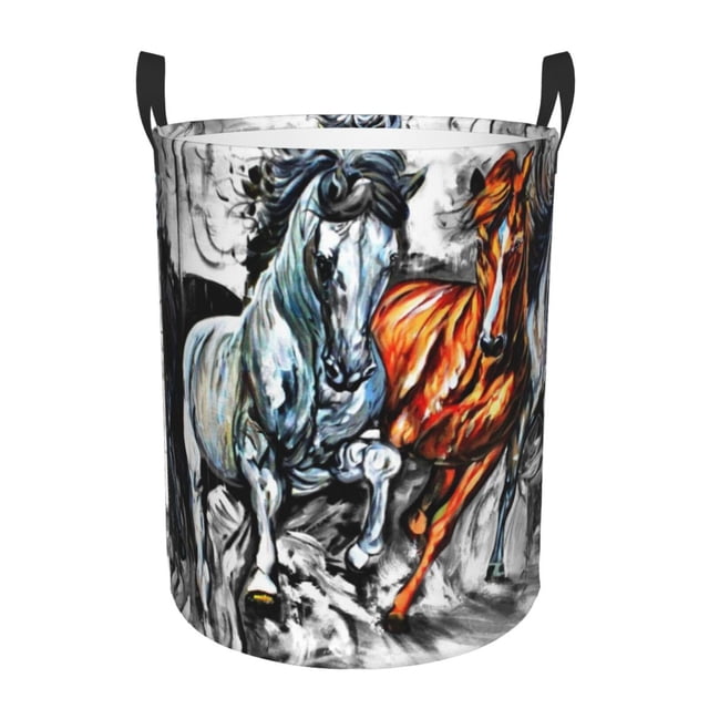 Balery Four Running Horses Cesta de ropa redonda con asas, impermeable, independiente, para ropa, juguetes, dormitorio y familia-Small