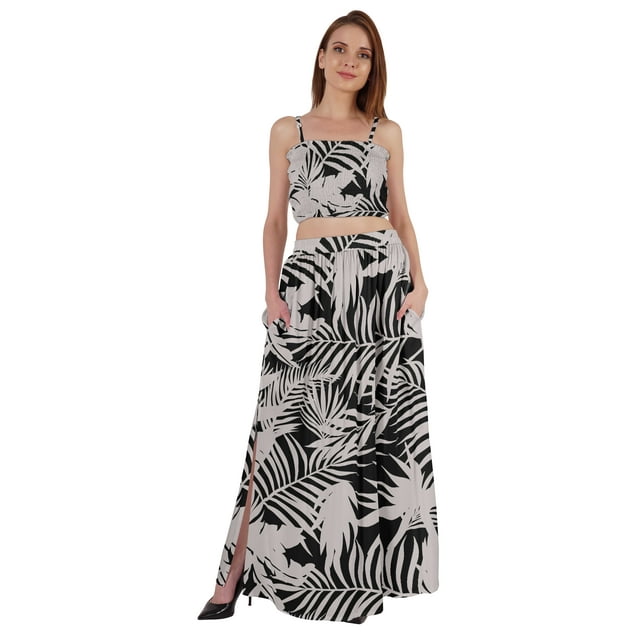 Bimba Ensemble Coordonné 2 Pcs Robe Aguichant de Plage et de Fête pour Femmes, Haut Court Imprimé Smocké et Jupe Longue