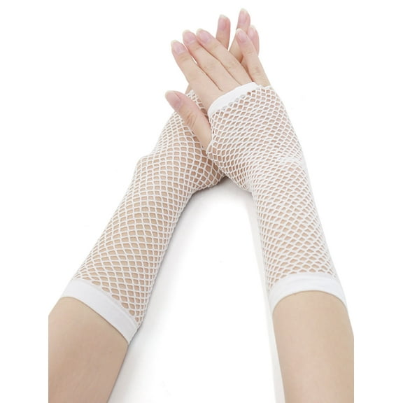 INSPIRE CHIC Women's Elbow Length Fingerless Fishnet Thumbhole Gloves 2 Pairs White