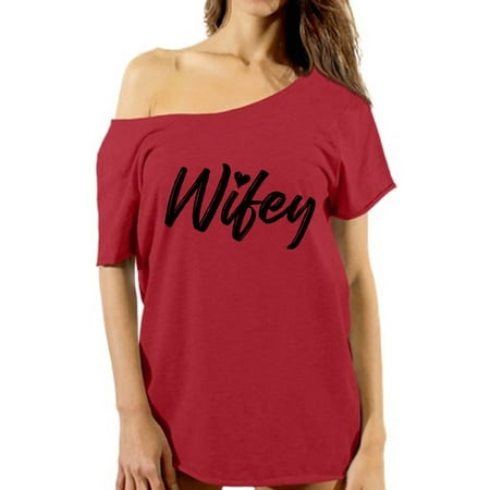 Mezee Off Shoulder Wifey Tshirt Women's Valentine's Day Party Outfit Cute Gifts for Wife Valentine's Day Tshirt Oversized Women's Wifey Flowy Top Best Wife Gifts Wife T Shirt Valentine
