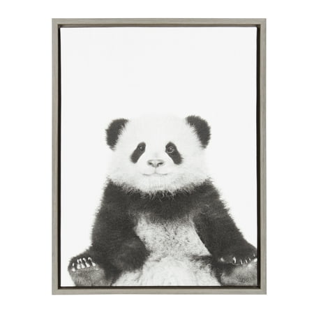Panda Canvas Reproduction - Kate and Laurel Sylvie Panda Black and White Portrait 18x24 Gray Framed Canvas Wall Art by Simon Te Tai