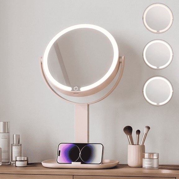 Makeup Mirror with Lights Double Sided 1X/10X Magnifying Mirror with Lights for Vanity Makeup Height Adjustable with phone holder tray, Rechargeable with 3 Colors Dimmable, Pink