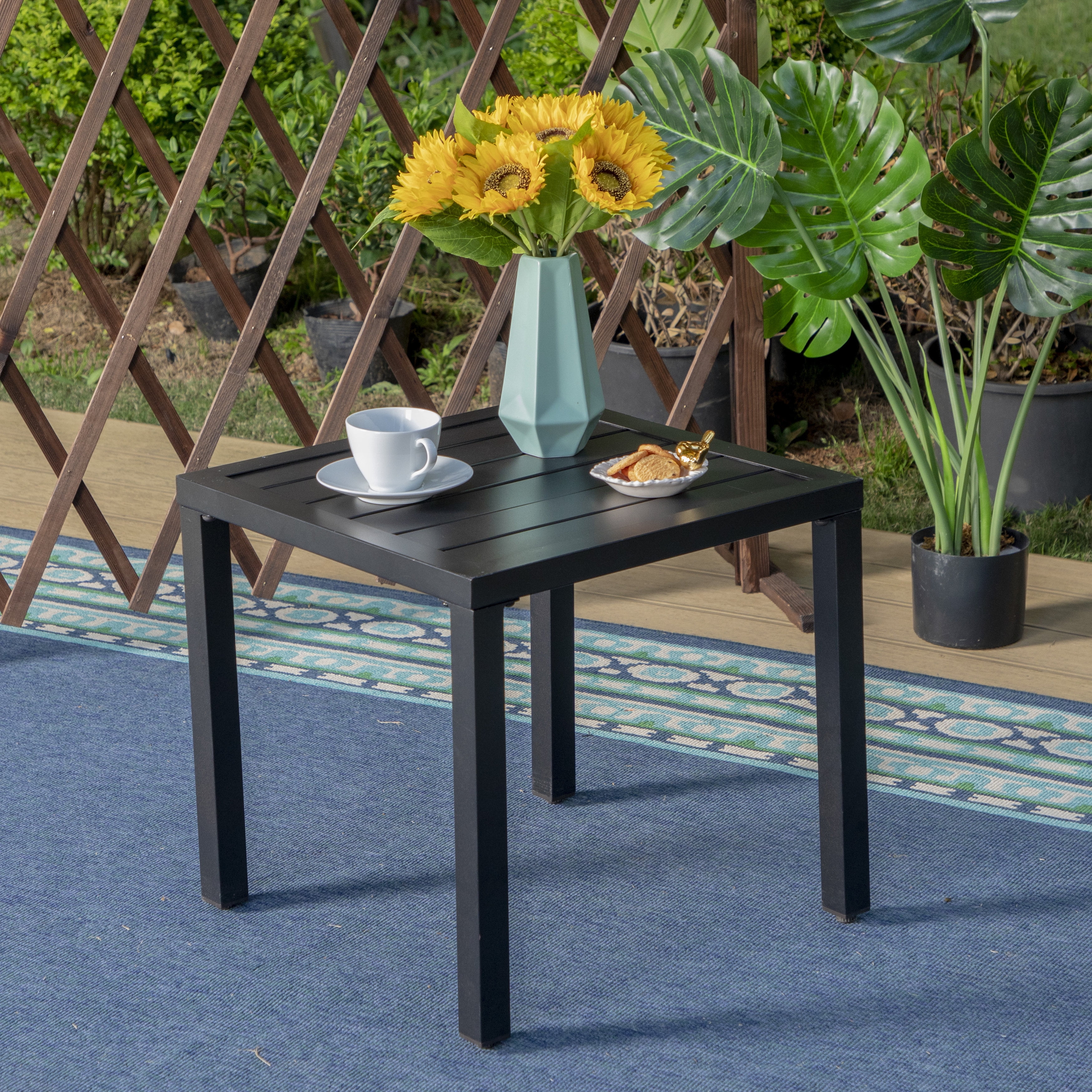 MFSTUDIO Black Patio Table Metal Square Coffee Tea Bistro Table Small Side End Adjustable Outdoor Furniture Table,Black 
