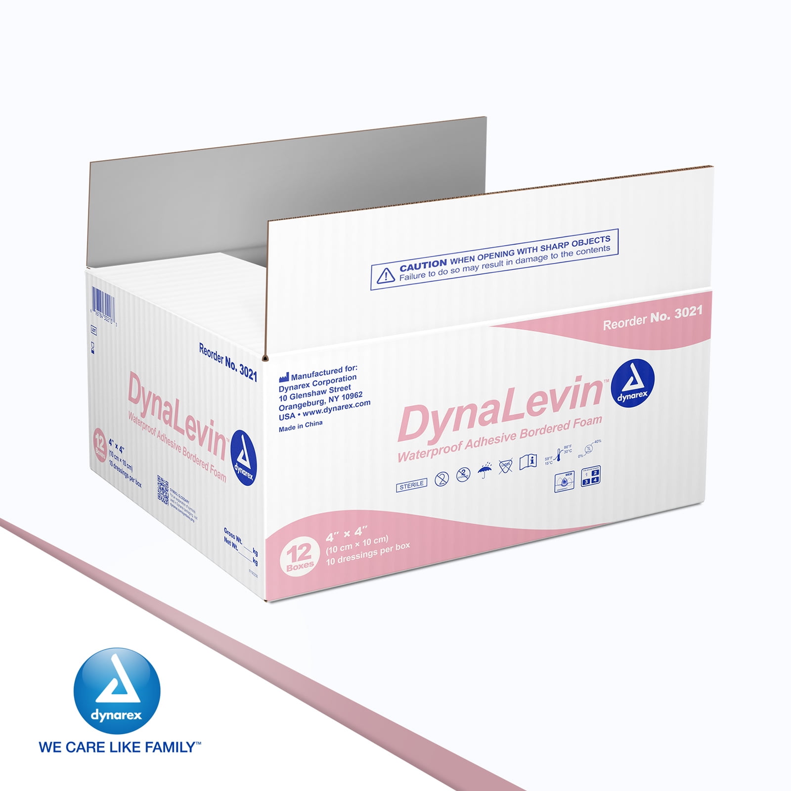 Dynarex DynaLevin Waterproof Adhesive Bordered Foam Dressings - Zero Latex, Sterile, Medium-Absorbency - 4 x 4", 10 Bandages per Box, 12 Boxes per Case