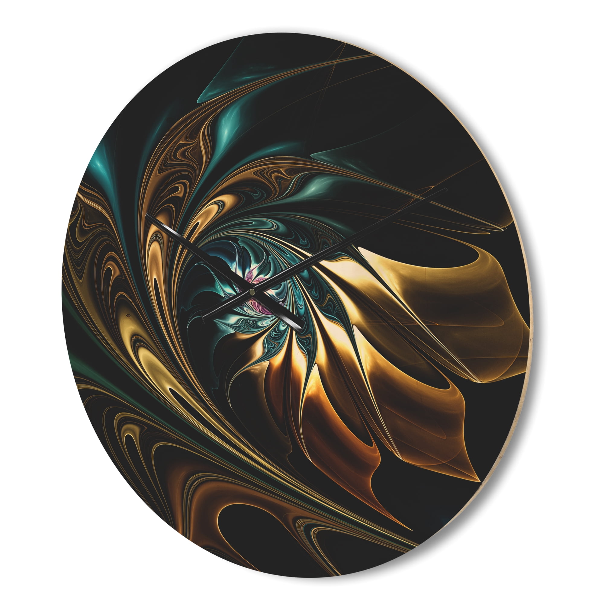 Designart 'Blue Brown Fractal Flower in Black' Modern Wood Wall Clock