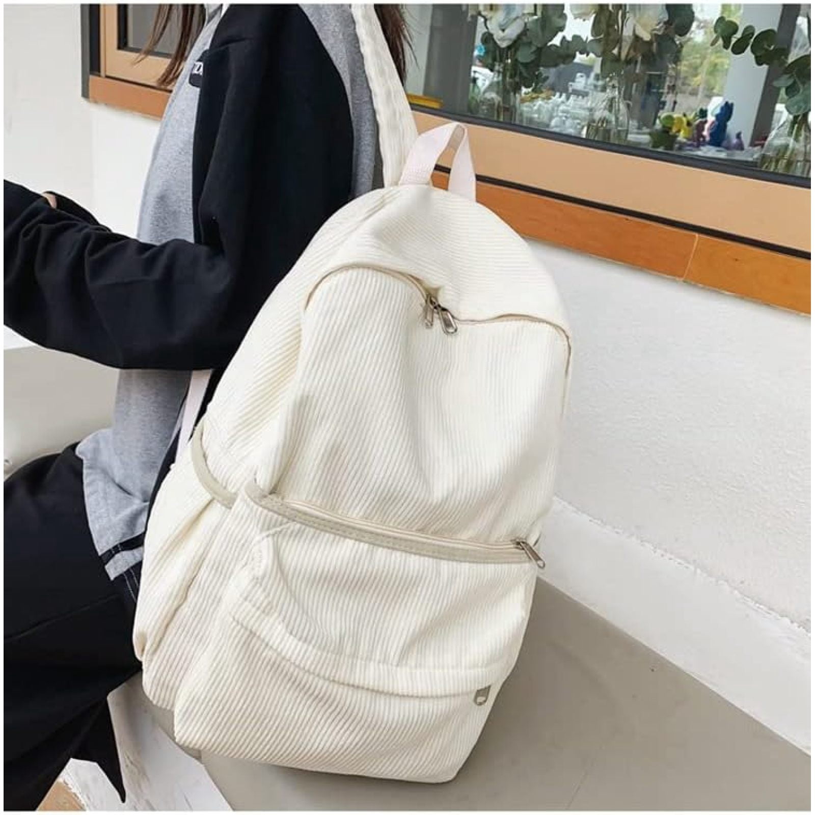 SQDWYGUO Preppy Corduroy Backpack Aesthetic Backpack 15.6 inch Laptop College Backpack Cute Book Bag Travel Rucksack Daypack,White
