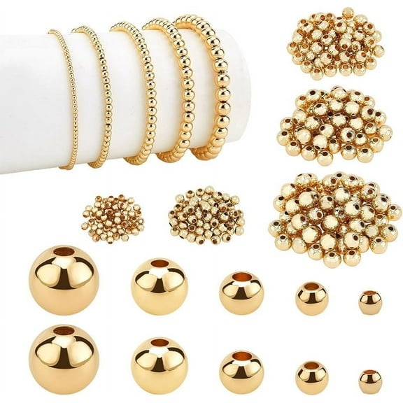 14K Gold Plated Spacer Beads 300pcs Round Brass Beads 5 Size Metal Smooth Beads Seamless Ball Beads Long-lasting Little Beads for Summer Bracelet Necklace Jewelry DIY Crafts(2/3/4/5/6mm)