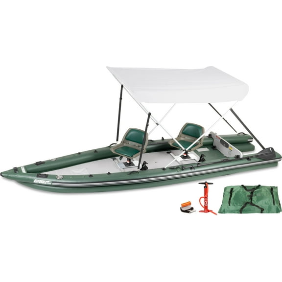 Sea Eagle FSK16 FishSkiff Inflatable 16', High Pressure, All-Drop-Stitch, 1-3 Person Frameless Fishing Boat w/Rigid 6” External Keel - Portable, Storable - 2 Person Swivel Seat Canopy Package