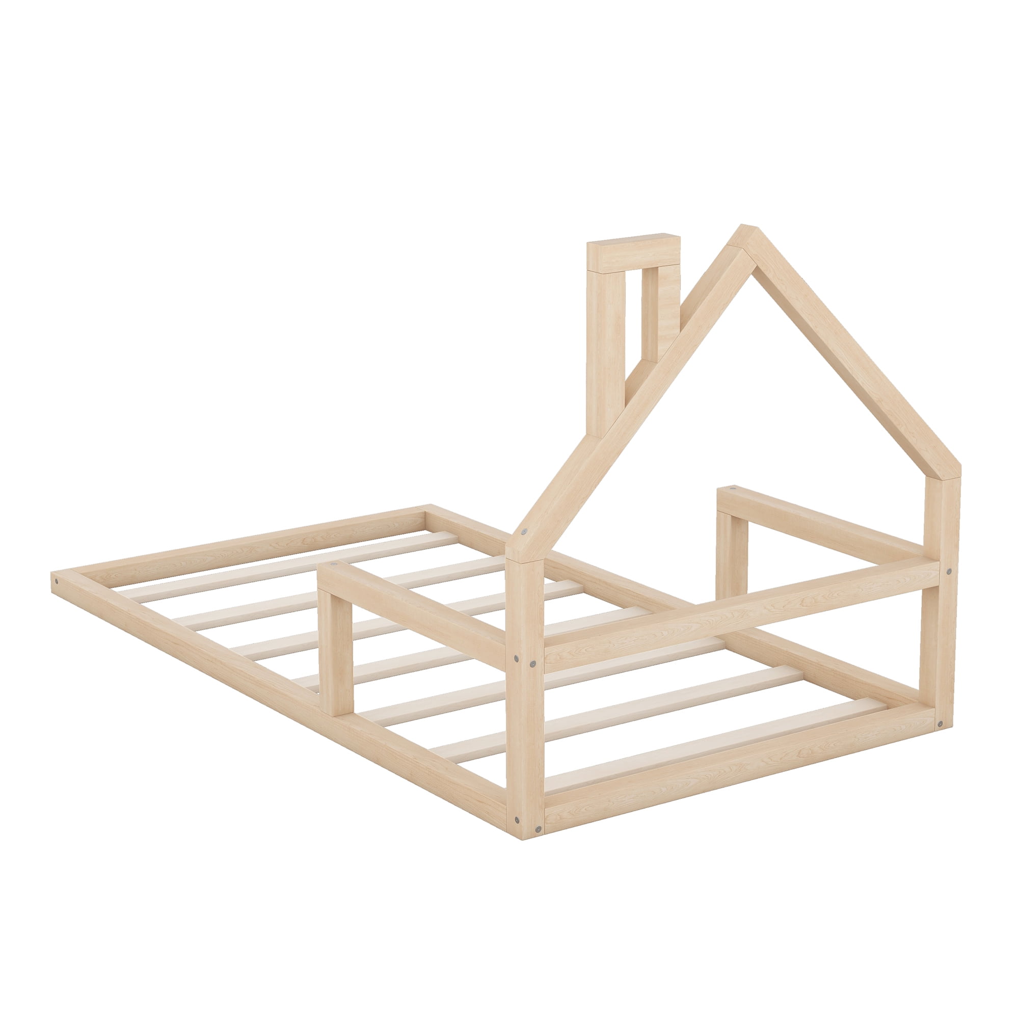 Sailvan Twin Wood Floor Bed Frame with House-Shaped Headboard and Chimney Natural
