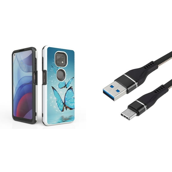 Bemz Accessory Bundle for Moto G Power (2021) Case with: Dual Shield Slim Rugged Hybrid Protective Cover, Fast Charging Sync USB-C to USB-A Cable (3 Feet) and Touch Tool - Blue Butterfly