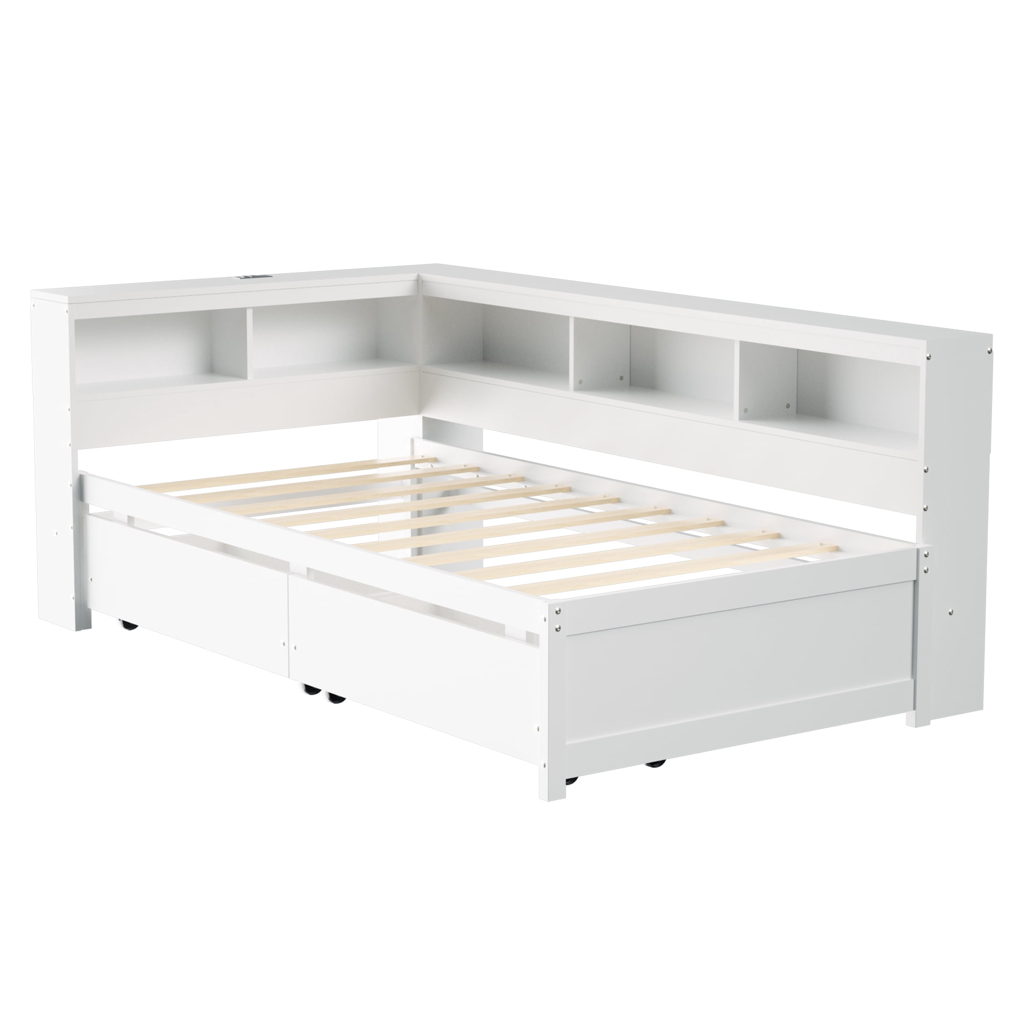 Joywind Twin Corner Bed Frame with Storage Drawers, Bookcase Headboard, Charging Station & LED Lights,White