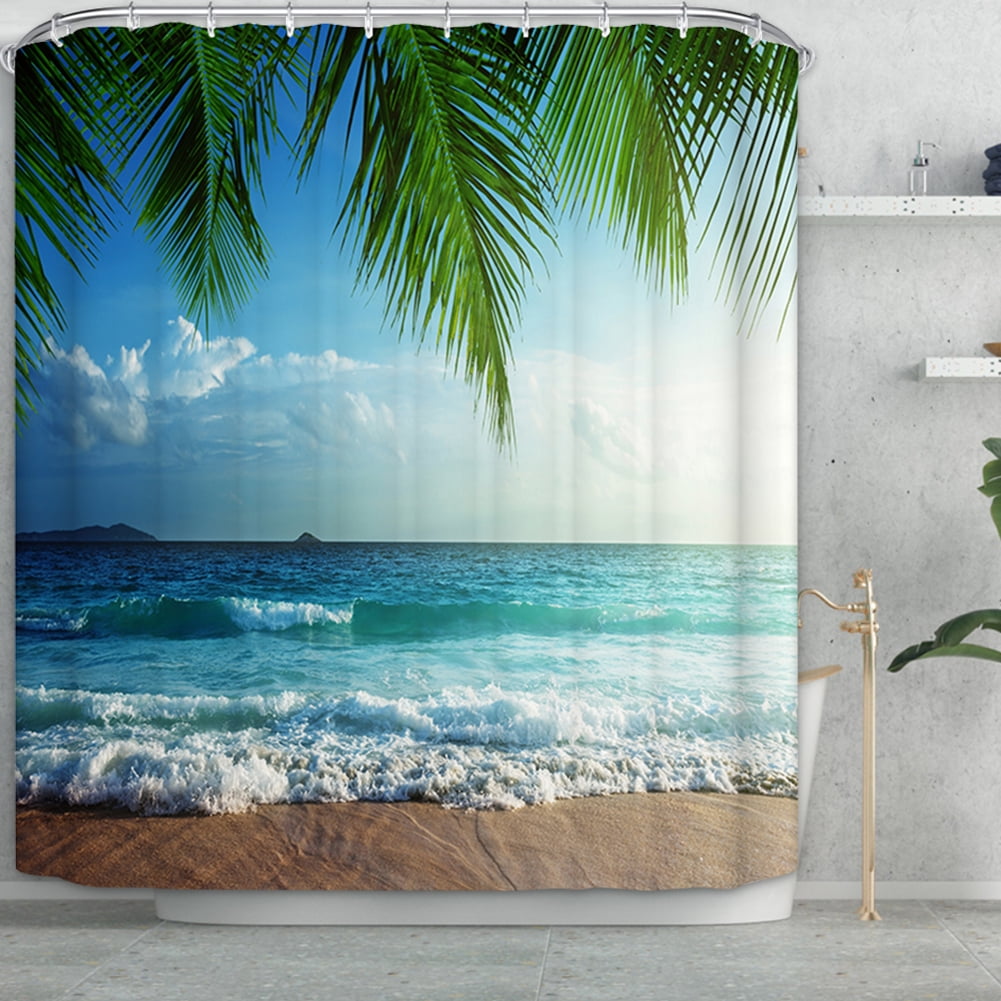Ocean Beach Scenery Fabric Shower Curtain Bathroom Waterproof Accessories 71in 