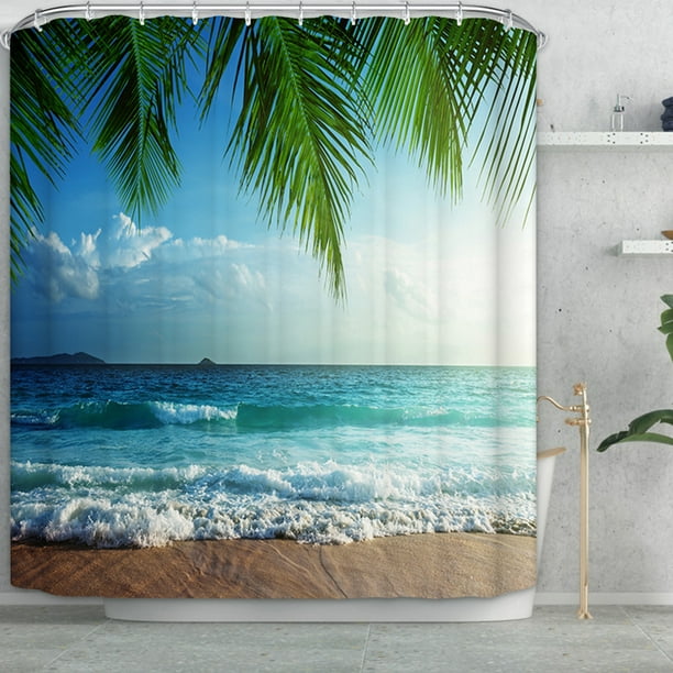 3d Palms Ocean Tropical Island Beach, Fabric Beach Shower Curtain